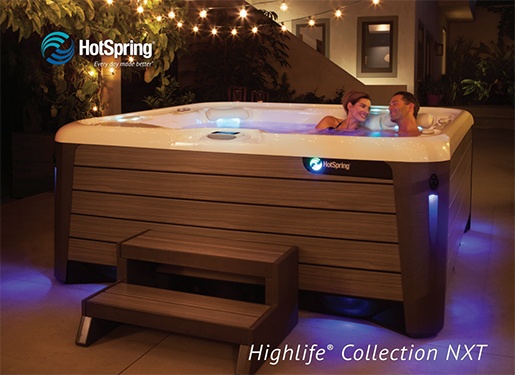 The cover of the Hot Spring Highlife NXT brochure and a link to download the full hot tub brochure