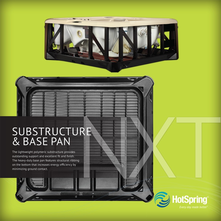 A detailed illustration of the substructure and base pan of a Hot Spring spa.