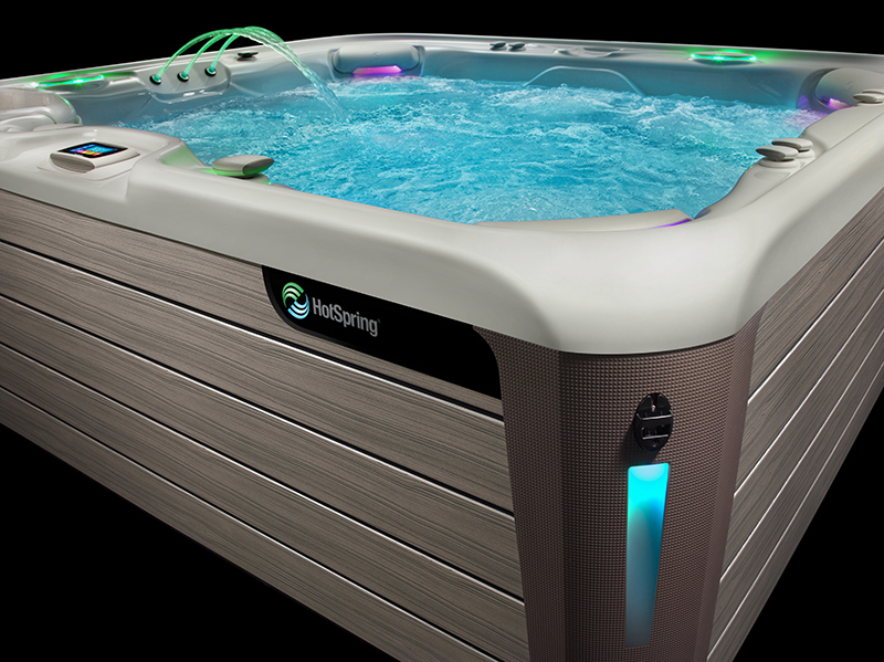 A three-quarter view of Hot Spring hot tubs, which are energy-efficient and beautiful.